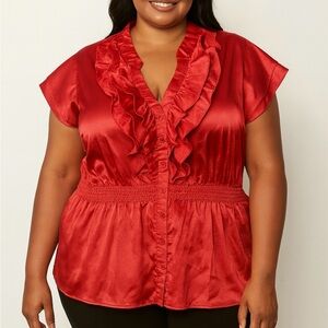 Cotton Express Vibrant Red satin Ruffled Blouse Hollister Christmas size 2X